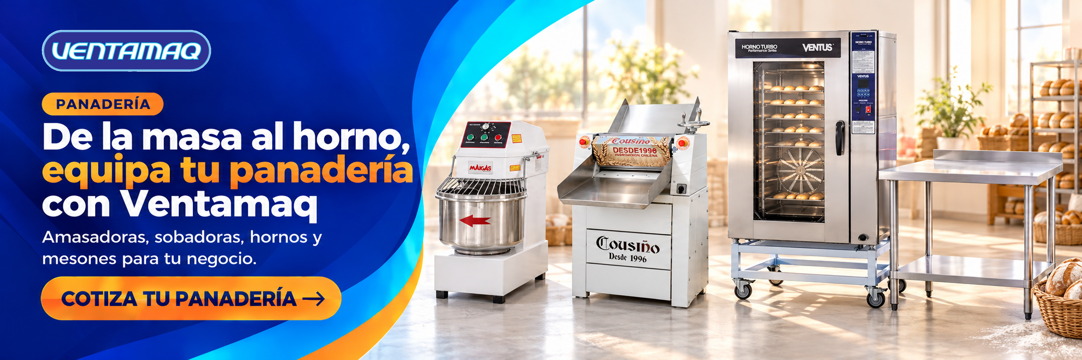 De la masa al horno, equipa tu panadería con Ventamaq. Amasadoras, sobadoras, hornos y mesones para tu negocio. Cotiza tu panadería.